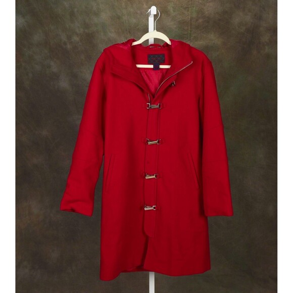 Ralph Lauren Tartan Label Red Wool Trench Coat Lobster Clasp Size L - Picture 2 of 4